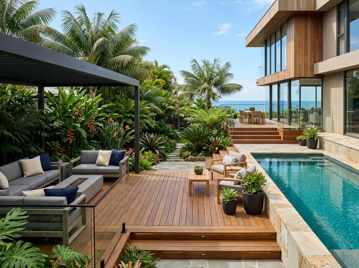 Modern luxury backyard landscape with architectural deck and lush plants